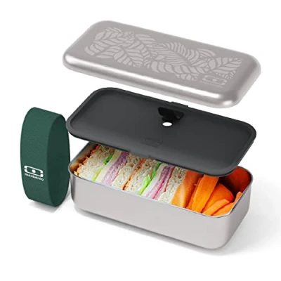 Image of monbento Bento Lunch Box Stainless Steel MB Sense Jungle Metal Work/School Meal Prep Leak Proof Ovenproof Microwavable Dishwasher &amp; Freezer Safe Food Grade Grey