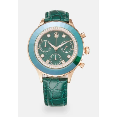 Image of Swarovski Octea Chrono watch, Swiss Made, Leather strap, Green, Rose gold tone finish