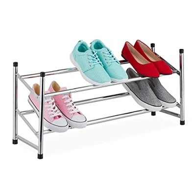 Image of Relaxdays Shoe Rack, Extendable Storage, 2 Levels, Space for 10 Pairs, HxWxD 36 x 63 115 23cm, Metal &amp; Plastic, Silver, 23 cm