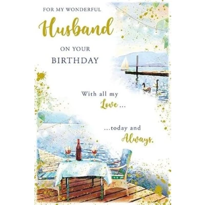 Image of Paper Rose Wonderful Husband Birthday Card Red Wine by the Harbourside with Foil Details Eco Friendly and Recyclable