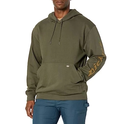 Image of Dickies Men&#039;s Big &amp; Tall Water Repellent Logo Sleeve Hoodie, Moss Green, L