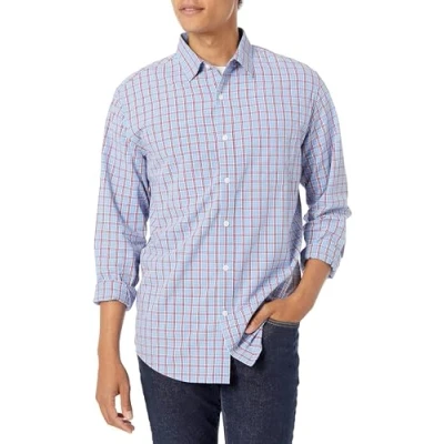 Image of Amazon Essentials Men&#039;s Regular Fit Long Sleeve Casual Poplin Shirt, Light Blue Red Plaid, S