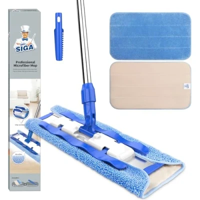 Image of MR.SIGA Professional Microfibre Mop for Hardwood, Laminate, Tile Floor Cleaning, Stainless Steel Telescopic Handle 3 Reusable Cloths and 1 Dirt Removal Scrubber included