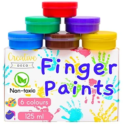 Image of Creative Deco Washable Kids Finger Paints Poster Paint 6 x 125 ml Pot Non Toxic &amp; Safe for Baby, Toddler, Child Intense Colours Water Based