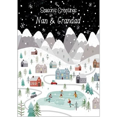 Image of doodlecards Nan and Grandad Christmas Card Mountain Scene In Snowy Village Medium Size for &amp; with Plain Envelope