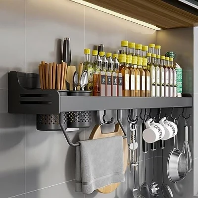 Image of Spice Rack Wall Mounted, Shelf Hanging Kitchen, Utensil Rack, Kitchen Organiser, Cutlery Holder Mounted Seasoning Organizer, Black, 70cm