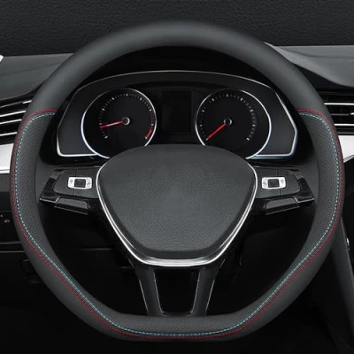 Image of Carodi Latest Nappa Leather car Steering Wheel Cover, Stylish Non Slip Interior 15 inches Universal (D Shape,Black)