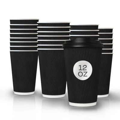 Image of BiA_Pack Disposable Coffee Cups 50 X 12oz / 360ml Black Triple Walled Paper Ripple Tea Hot Drink LIDS Completely Free, Black/White