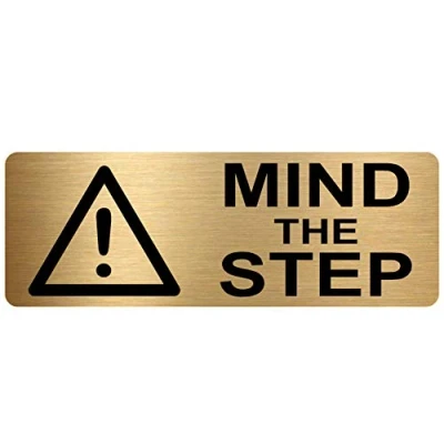 Image of METAL Mind The Step Sign WITH IMAGE Brushed Gold Aluminium Warning Safety Security Door Notice Office Shop Warehouse School