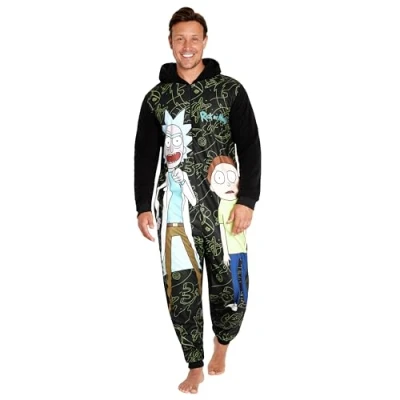 Image of Rick and Morty Adult Onesie for Men Teenagers Hooded Fluffy Fleece Onesies Lounge Wear Gifts (Black/Multi, 3XL)