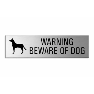 Image of Warning Beware of Dog sign brushed aluminum stainless steel look 150x40 mm (3M self adhesive on reverse)