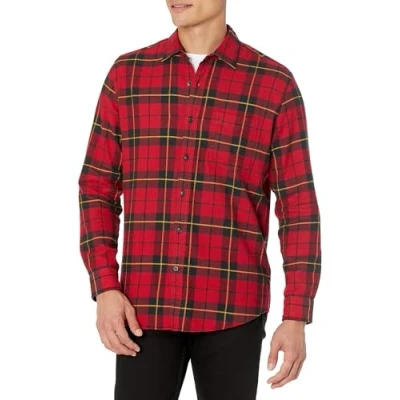 Image of Amazon Essentials Men&#039;s Long Sleeve Flannel Shirt (Available in Big &amp; Tall), Black Red Yellow Large Plaid, L