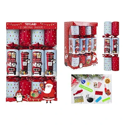 Image of Toyland® Pack of 12 Christmas Crackers With Post Box &amp; Red Bus Design British Theme