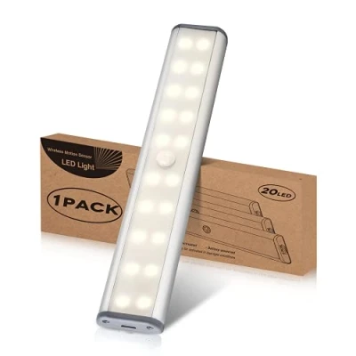 Image of Wireless Under Cabinet Lighting, 20 LEDs Motion Sensor Cupboard Lights, Kitchen Lights USB Rechargeable LED Closet Magnetic Strip Stick On Wardrobe, Closet, Kitchen, Stairs