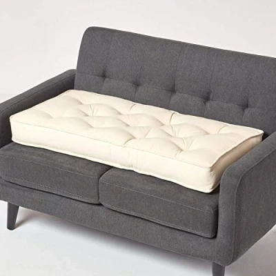 Image of HOMESCAPES Cream 2 Seater Booster Cushion Large Firm 100 cm Wide Seat Pad with Supportive 10 Thick Lift for Sofa or Bench Cotton Long the Elderly, Post Surgery &amp; Pregnancy