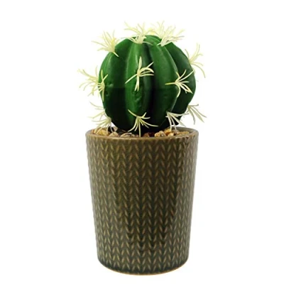Image of Leaf Striped ceramic planter with artificial plant
