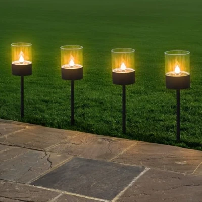 Image of Garden Mile 4 x Flame Effect Solar Torch Lights with LED Waterproof Stakes for Outdoor Yard Driveway Porch Patio Landscape Lawn Decor Pathway Lighting (4pc Black Stake Lights)