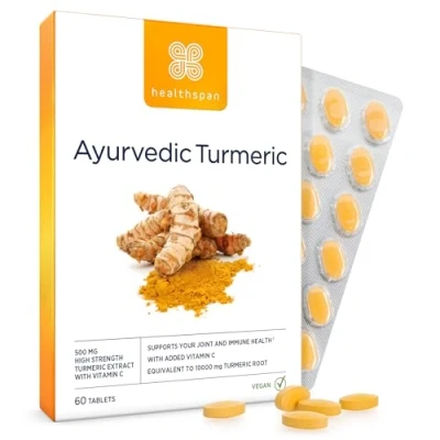 Image of Healthspan Ayurvedic Turmeric 60 Tablets 95% high curcuminoid Content Added Vitamin C Supports Joint and Immune Health Vegan Friendly