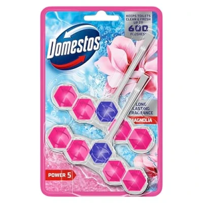 Image of Domestos Power 5 Magnolia toilet Rim Blocks freshener with a long lasting fragrance clean and freshen for up to 300 flushes 2x 50 g