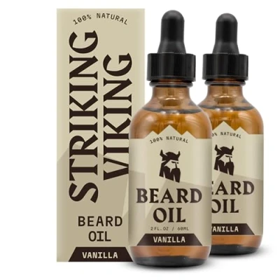 Image of Striking Viking Beard Oil for Men Vanilla (Large 2 oz, Pack of 2) Made with Argan &amp; Jojoba Blend Softens, Smooths Strengthens Facial Hair Growth Conditioner