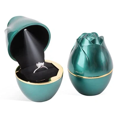 Image of Rolin Roly Green Ring Box with LED Light Rose Jewelry Case Jewellry Display Gift Boxes for Proposal Wedding Ceremony Engagement Anniversary