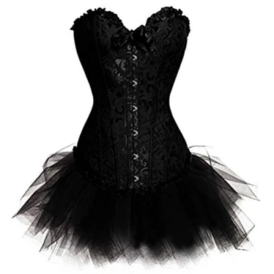 Image of Kelvry Sexy Burlesque Moulin Rouge Bustier Corset Top &amp; Fancy Dress Tutu (UK Size (10 12) L, Black Black)