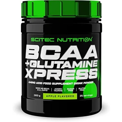 Image of Scitec Nutrition BCAA + Glutamine Xpress Essential Amino Acid Blend with 5g 2:1:1 BCAAs Fortified Taurine, 300 g, Apple