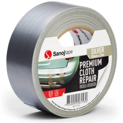 Image of Sanojtape Silver Duct Tape 50mm x 25m Strong Gaffer Professional Grade Repair Waterproof Backing Heavy Duty Sticky Cloth Indoor &amp; Outdoor Tear by Hand