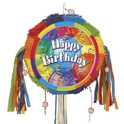 Image of Brilliant Birthday Multicolor Round Drum Pull Pop Out Pinata (46cm) 1 Count Fun Party Activity for All Ages