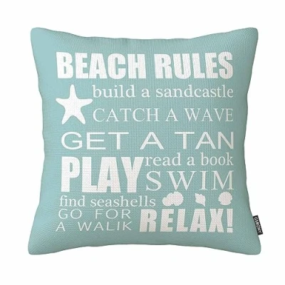 Image of Beach Rules Pillow Case Funny Quote Catch Wave Teal Cotton Linen Decorative Throw Cover 18 X inch Cushion