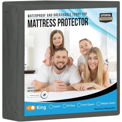Image of Utopia Bedding Waterproof Mattress Protector King Size, Premium Terry Cover 200 GSM, Breathable, Fitted Style with Stretchable Pockets (Grey)