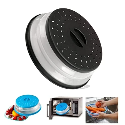 Image of Foldable Microwave Lid,Food Plate Cover,Microwave Splatter Ventilated Cover for Foods,Adjustable Steam Lids BPA Free (Black)