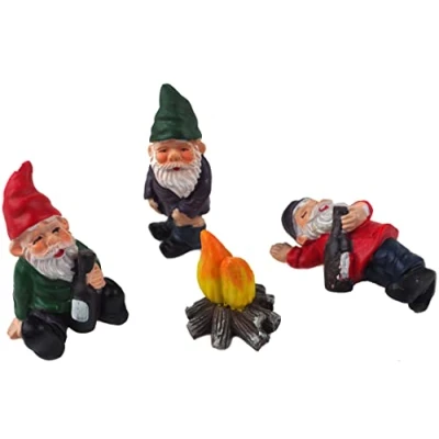 Image of Exciting Secret Fairy Drunk Gnomes Set With Camp Fire (4 Piece Set) Whimsical &amp; Unique Garden Décor Perfect for Outdoor Parties Gift Lovers