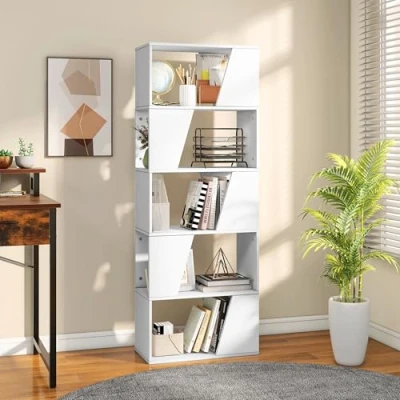 Image of YITAHOME Bookcase, 5 Tier Tall Bookshelf Industrial Book Shelf Floorstanding Shelving Unit Storage Rack with Open Shelves for Living Room, Bedroom, Home Office, White