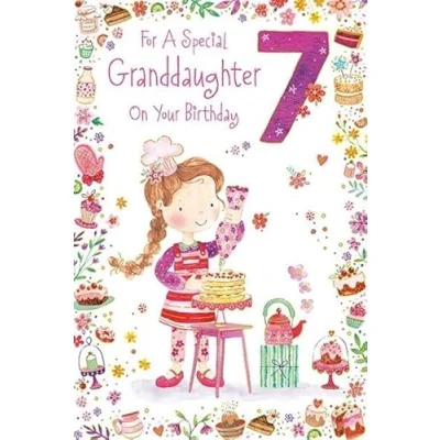 Image of Paper Rose Special Granddaughter 7th Birthday Card Age 7 Little Girl Icing a Cake with Foil Details Eco Friendly and Recyclable