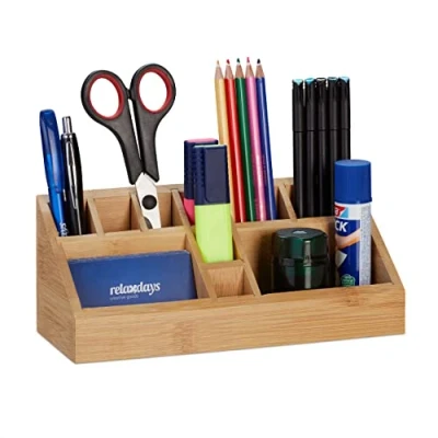 Image of Relaxdays Desk Organiser, 10 Compartments, H x W D: 9.5 23 9 cm, Bamboo, Natural