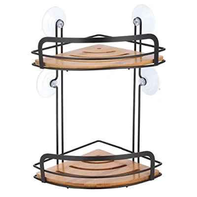 Image of MSV Shower Shelf Corner Basket Bathroom No Drilling with Suction Cups Steel Bamboo 31 x 21 cm Matte Black