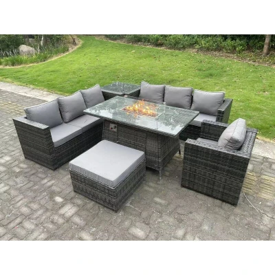 Image of Rattan Garden Furniture Sofa Set Outdoor Patio Gas Fire Pit Dining Table Heater Burner With Side Armchair Big Footstool 8 Seater Dark Grey