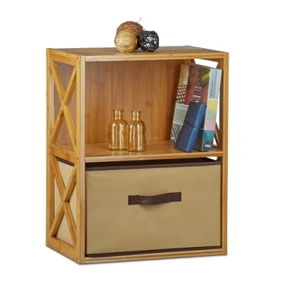Image of Relaxdays Bamboo Shelf with Basket, 2 Tiers, Wooden Freestanding Bathroom Rack, Folding Drawer Box, HxWxD: 54 x 42 29 cm, Natural Brown, cm