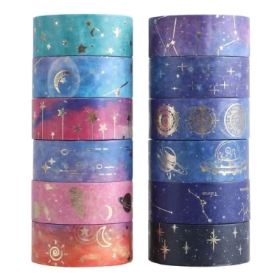 Image of Tabanzhe 12 Rolls Paper Decorative Tape,Galaxy Washi Tape Masking Starry Sky Scrapbook Craft Supplies for DIY Scrapbooking Bullet Journal Gift Wrapping Watercolor Painting