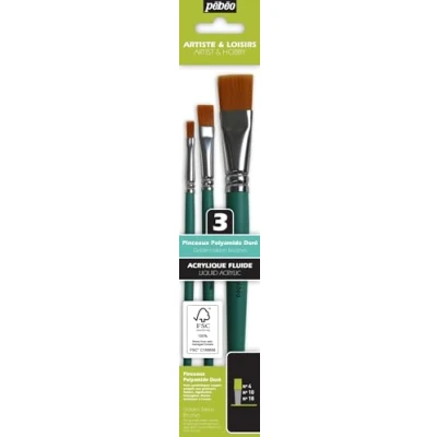 Image of Pebeo Synthetic Fiber Brushes for Crafts, Flat Brush Set of 3 (4/10/18), FSC Certified, Short Axis