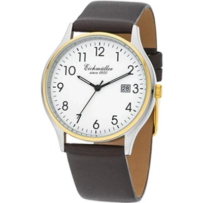 Image of Eichmüller Classic Men&#039;s Stainless Steel Watch 38mm Genuine Leather/Metal Strap 5ATM Quartz Day and Date, Silver black/leather strap, mit Datum, Strap.