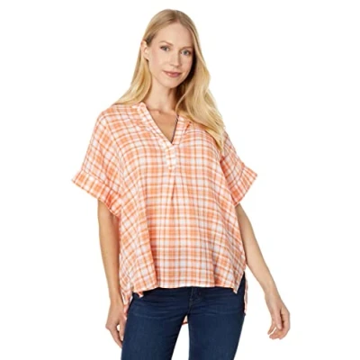 Image of Tommy Hilfiger Short Sleeve Plaid Popover, Mandarin Multi, Medium