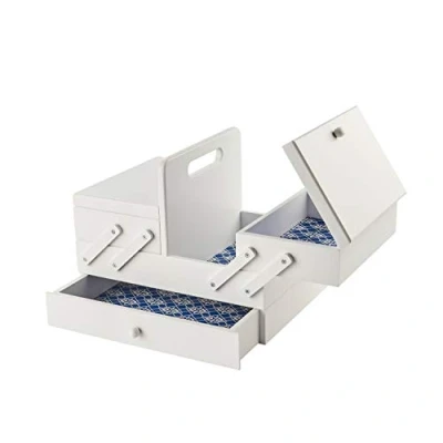 Image of Sewing Online Wooden Cantilever Storage Box 31 x 23 24cm White with Geometric Design Interior