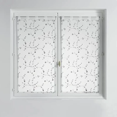 Image of Douceur d&#039;Intérieur, Pair of Net Curtains with Loops (2 x 60 120 cm) Small Flower White/Grey, Embroidered Sandy Voile