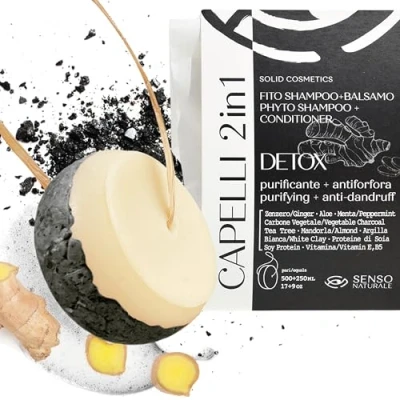 Image of Senso Naturale Detox Solid Shampoo Cleaning Ecological and Vegan Anti Dandruff Oily Hair Does Not Dry The Lengths Charcoal, Tea Tree, Ginger pH 4.5 5.0 (2 in 1)