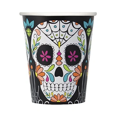 Image of Unique Party 77066 9oz Skull Day of the Dead Halloween Cups, Pack 8