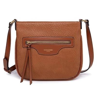 Image of David Jones Women&#039;s zip shoulder bag faux leather multipocket multi pocket messenger tote elegant and practical classic, Brown Cognac, One Size, Stylish