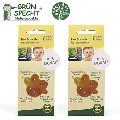 Image of Gruenspecht Bio Dummies Natural Rubber 0 6 Months Set of 2 Soft Heart Shape Orthodontic