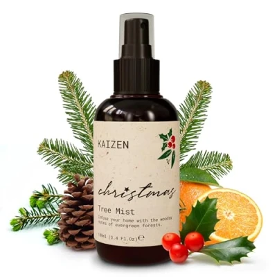 Image of KAIZEN Christmas Tree Scent Spray Forest &amp; Evergreen Room Mist with Pine, Fir Needle, Spruce Black Sweet Orange Essential Oils Refreshing Winter Aroma Woodsy Citrus Notes, 100ml